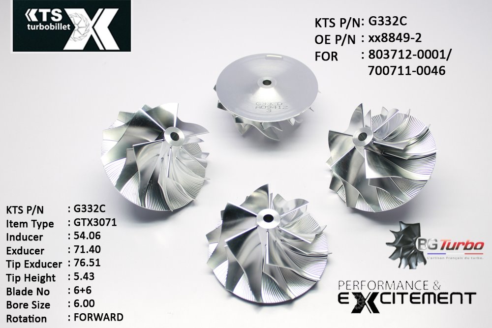 Turbo ROUE FORGÉE MFS PERFORMANCE - 6+6 PALES - INDUCER : 54,06 - EXDUCER : 71,4 - TYPE : GTX3071ANGLE : 60° - ROTATION : Forward - SUPER BACK : 2,36 - BORE SIZE : 6
